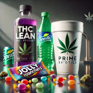 THC Lean cannabis syrup setup with Prime Exotics logo on the bottle and Styrofoam cup, featuring Jolly Ranchers, Sprite, and a sleek countertop background.