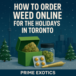 Promotional image showing a jar of cannabis buds next to a smartphone with a cannabis shopping cart icon, with the Toronto skyline and CN Tower in the background, advertising how to order weed online in Toronto with Prime Exotics.