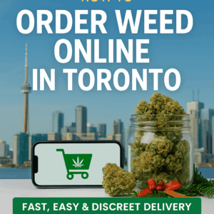 A jar of cannabis buds beside a smartphone with a green shopping cart icon, set in front of the Toronto skyline, promoting how to order weed online with Prime Exotics.
