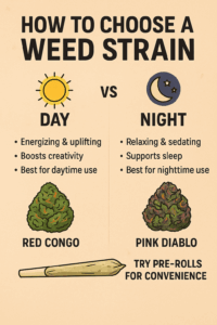 How to choose a weed strain – Red Congo vs Pink Diablo for daytime and nighttime use – available at Prime Exotics with pre-roll options