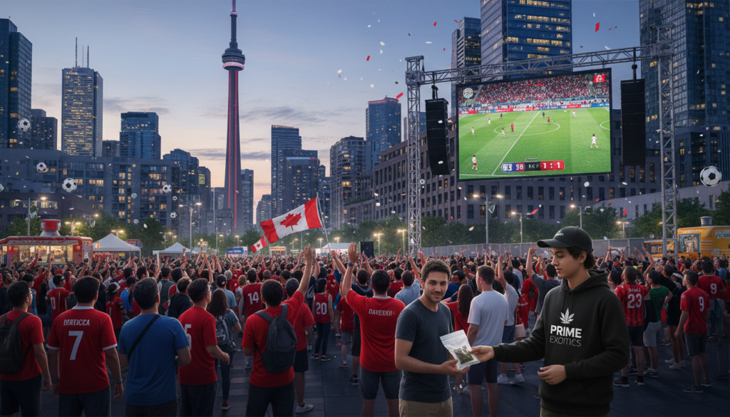 Toronto World Cup 2026 fans with Prime Exotics weed delivery during downtown soccer celebration