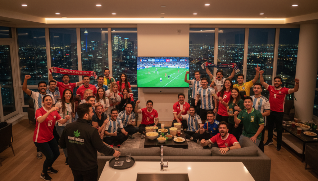 Toronto FIFA World Cup 2026 fans celebrating near CN Tower with Prime Exotics weed delivery courier