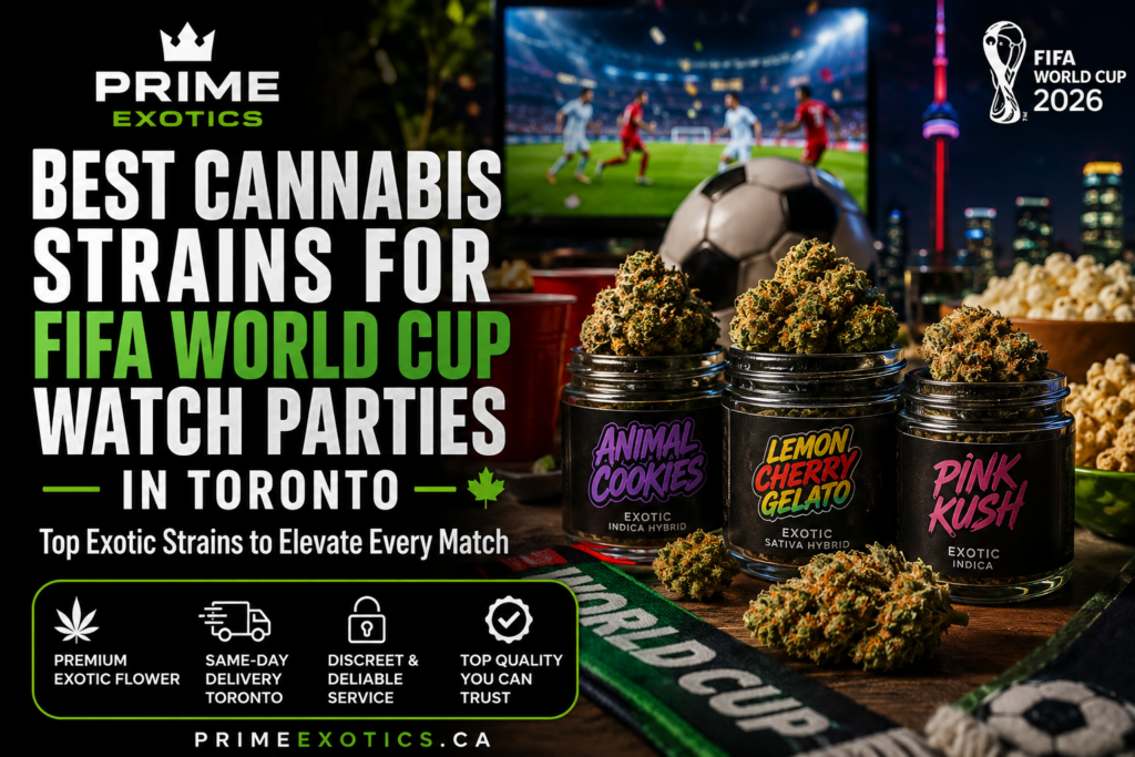 Best cannabis strains for FIFA World Cup watch parties in Toronto featuring Animal Cookies, Lemon Cherry Gelato, and Pink Kush from Prime Exotics